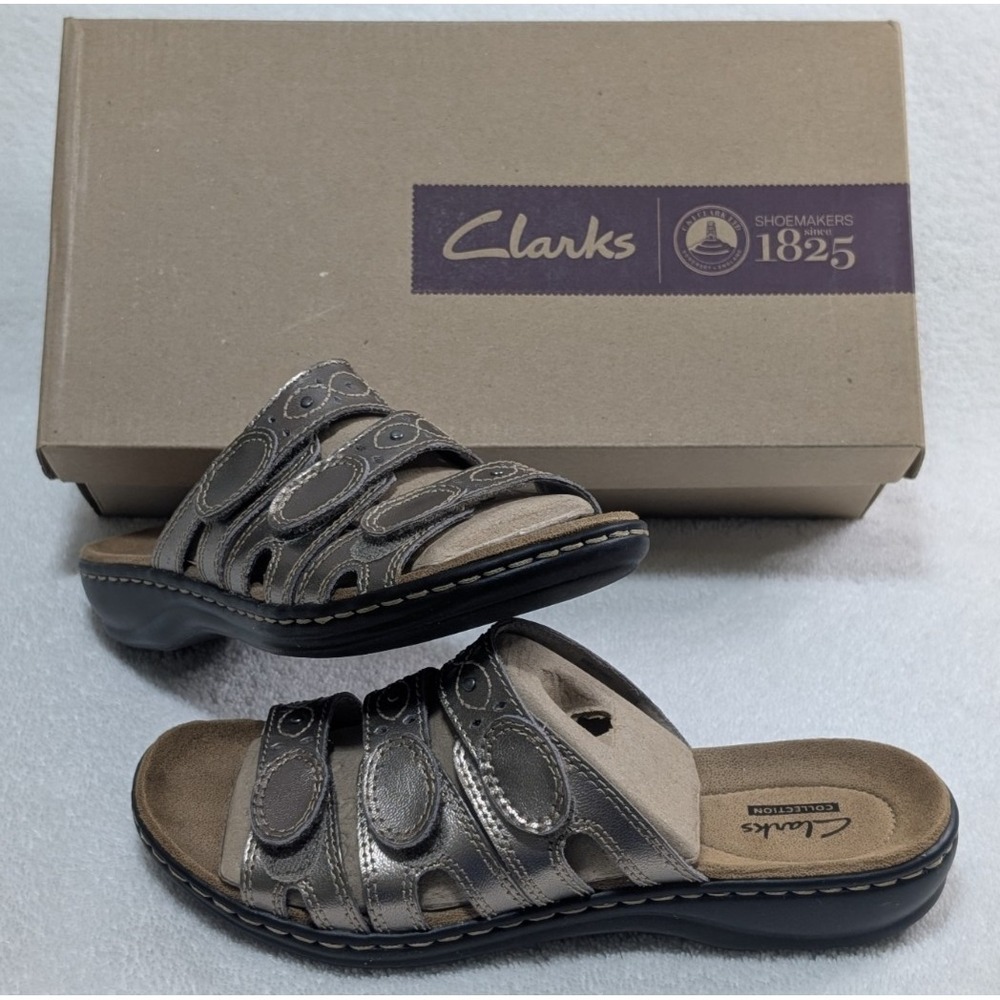 Clarks Women's Sandals Leisa Cacti Q Slide Size 6.5 Pewter Leather Slip Ons NIB